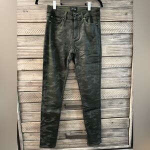 Joe’s Jeans The Icon Mid-Rise Camo Print Coated Skinny Pants in Olive Green
